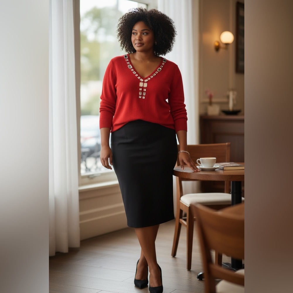 Cable & Gauge Woman 1X Red Jewel Neck Knit Top - EUC